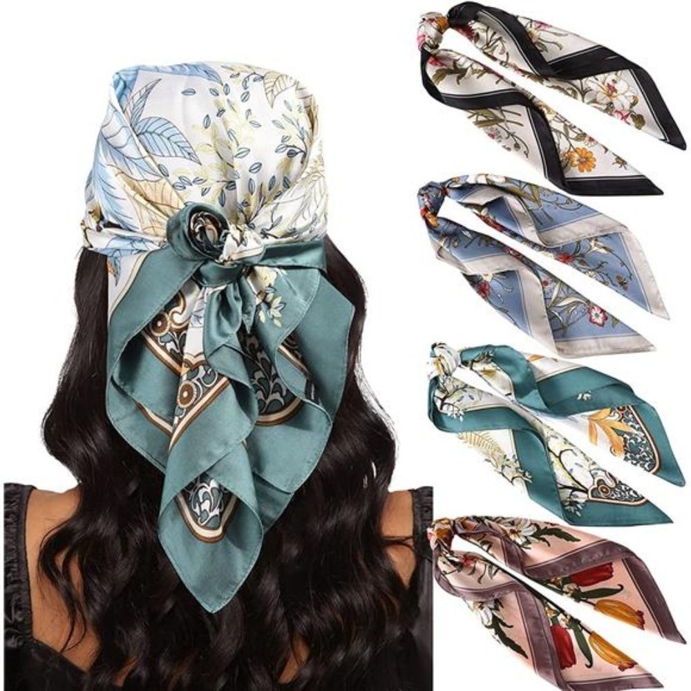 4PCS Floral Satin Silk Head Scarves for Women